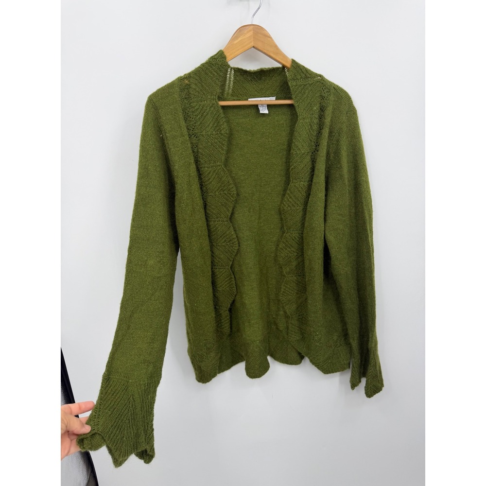 Cabi 697 Open Front Cardigan Women XL Green Mohair Blend Scalloped Knit Sweater